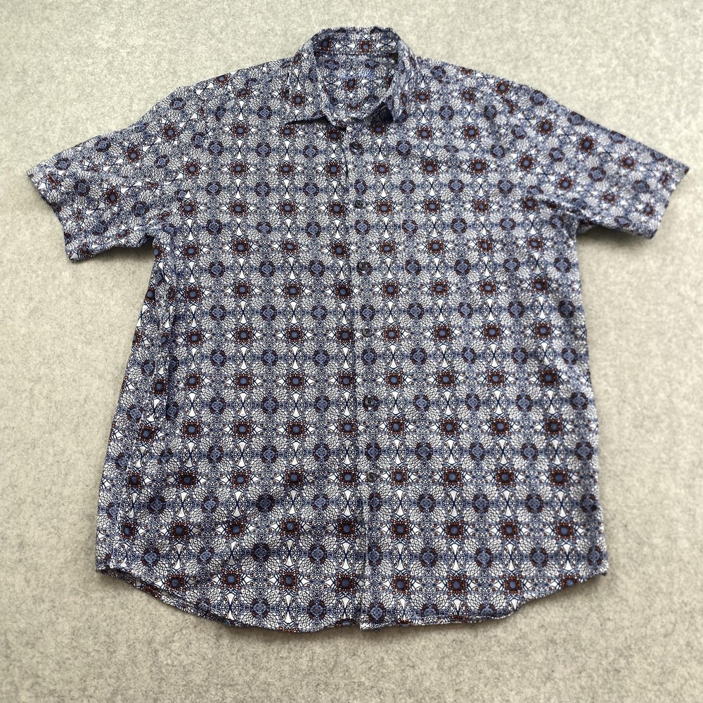 Tasso Elba Shirt Mens Large Blue Geometric Print Short Sleeve Button Up Casual